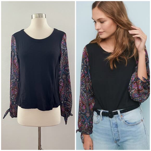 Anthropologie Akemi + Kin Maybelle Paisley Balloon Tied-Sleeve Top Black Medium - Picture 1 of 10